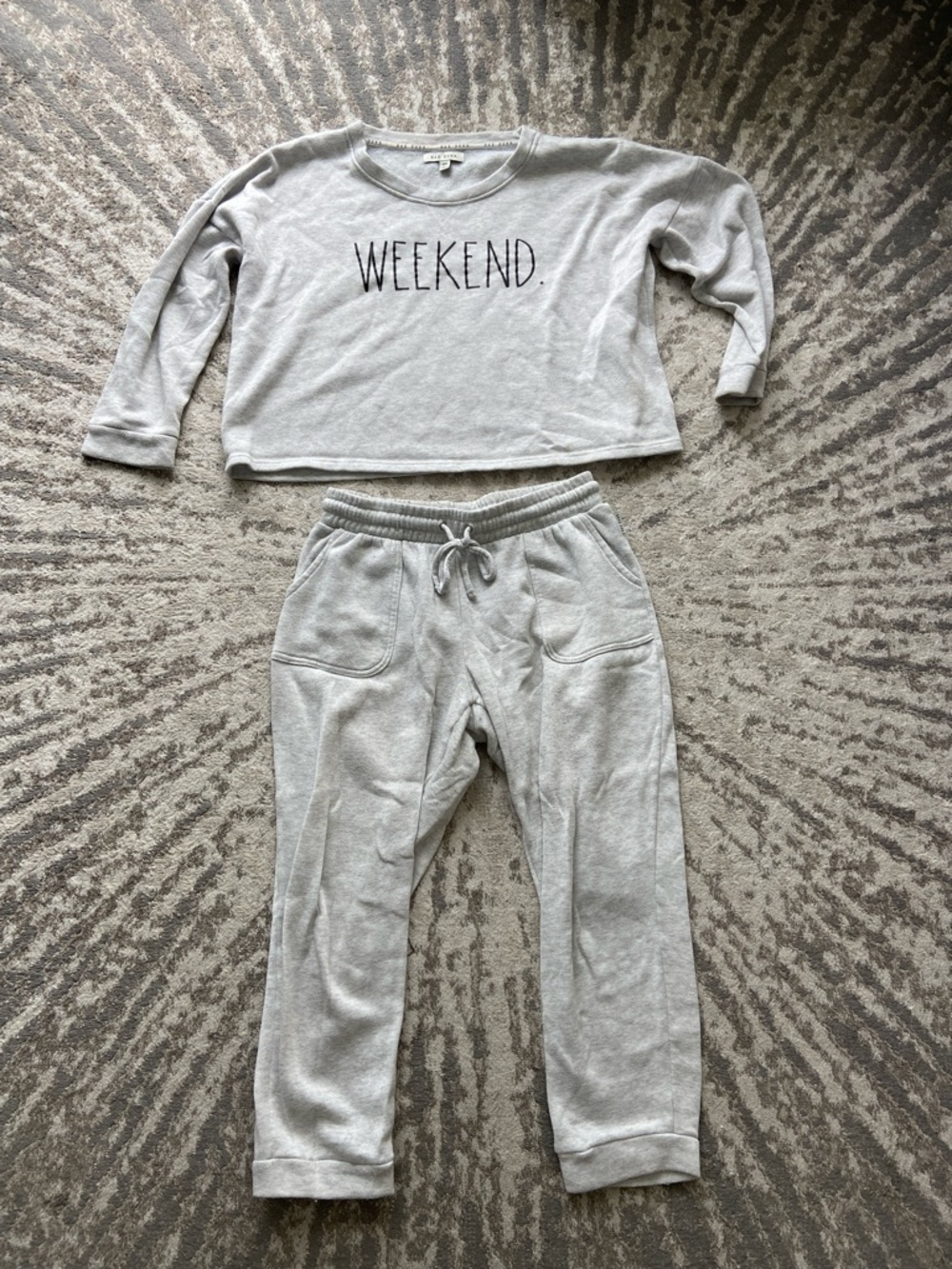 Rae Dunn Light Gray Sweatshirt with Black "WEEKEND." Print Size Medium